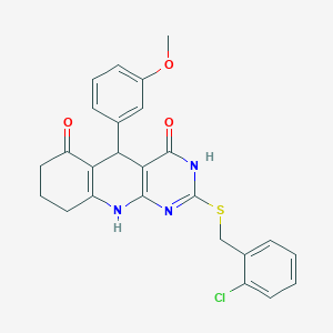 molecular formula C25H22ClN3O3S B11458748 2-[(2-chlorobenzyl)sulfanyl]-5-(3-methoxyphenyl)-5,8,9,10-tetrahydropyrimido[4,5-b]quinoline-4,6(3H,7H)-dione 