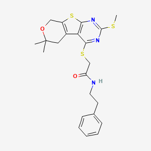 molecular formula C22H25N3O2S3 B11458987 2-[(12,12-dimethyl-5-methylsulfanyl-11-oxa-8-thia-4,6-diazatricyclo[7.4.0.02,7]trideca-1(9),2(7),3,5-tetraen-3-yl)sulfanyl]-N-(2-phenylethyl)acetamide 