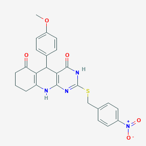 molecular formula C25H22N4O5S B11459047 5-(4-methoxyphenyl)-2-[(4-nitrobenzyl)sulfanyl]-5,8,9,10-tetrahydropyrimido[4,5-b]quinoline-4,6(3H,7H)-dione 