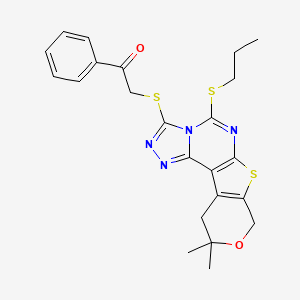 2-[(14,14-dimethyl-7-propylsulfanyl-13-oxa-10-thia-3,4,6,8-tetrazatetracyclo[7.7.0.02,6.011,16]hexadeca-1(9),2,4,7,11(16)-pentaen-5-yl)sulfanyl]-1-phenylethanone