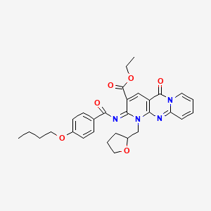 ethyl 6-(4-butoxybenzoyl)imino-2-oxo-7-(oxolan-2-ylmethyl)-1,7,9-triazatricyclo[8.4.0.03,8]tetradeca-3(8),4,9,11,13-pentaene-5-carboxylate