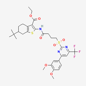 molecular formula C32H38F3N3O7S2 B11460224 Ethyl 6-tert-butyl-2-[(4-{[4-(3,4-dimethoxyphenyl)-6-(trifluoromethyl)pyrimidin-2-yl]sulfonyl}butanoyl)amino]-4,5,6,7-tetrahydro-1-benzothiophene-3-carboxylate 