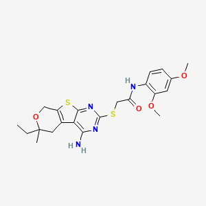 molecular formula C22H26N4O4S2 B11460449 2-[(3-amino-12-ethyl-12-methyl-11-oxa-8-thia-4,6-diazatricyclo[7.4.0.02,7]trideca-1(9),2,4,6-tetraen-5-yl)sulfanyl]-N-(2,4-dimethoxyphenyl)acetamide 