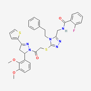 N-((5-((2-(5-(2,3-dimethoxyphenyl)-3-(thiophen-2-yl)-4,5-dihydro-1H-pyrazol-1-yl)-2-oxoethyl)thio)-4-phenethyl-4H-1,2,4-triazol-3-yl)methyl)-2-fluorobenzamide