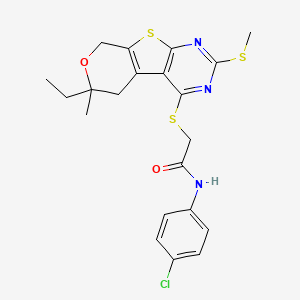 N-(4-chlorophenyl)-2-[(12-ethyl-12-methyl-5-methylsulfanyl-11-oxa-8-thia-4,6-diazatricyclo[7.4.0.02,7]trideca-1(9),2(7),3,5-tetraen-3-yl)sulfanyl]acetamide