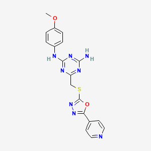 molecular formula C18H16N8O2S B11461063 N-(4-methoxyphenyl)-6-({[5-(pyridin-4-yl)-1,3,4-oxadiazol-2-yl]sulfanyl}methyl)-1,3,5-triazine-2,4-diamine 