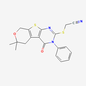 molecular formula C19H17N3O2S2 B11461082 2-[(12,12-dimethyl-3-oxo-4-phenyl-11-oxa-8-thia-4,6-diazatricyclo[7.4.0.02,7]trideca-1(9),2(7),5-trien-5-yl)sulfanyl]acetonitrile 