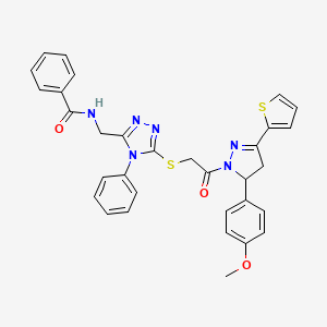 N-{[5-({2-[5-(4-Methoxyphenyl)-3-(thiophen-2-YL)-4,5-dihydro-1H-pyrazol-1-YL]-2-oxoethyl}sulfanyl)-4-phenyl-4H-1,2,4-triazol-3-YL]methyl}benzamide