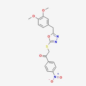 molecular formula C19H17N3O6S B11461868 2-{[5-(3,4-Dimethoxybenzyl)-1,3,4-oxadiazol-2-yl]sulfanyl}-1-(4-nitrophenyl)ethanone 