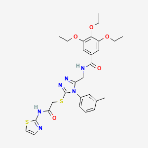 molecular formula C28H32N6O5S2 B11461997 3,4,5-Triethoxy-N-{[4-(3-methylphenyl)-5-({[(1,3-thiazol-2-YL)carbamoyl]methyl}sulfanyl)-4H-1,2,4-triazol-3-YL]methyl}benzamide 