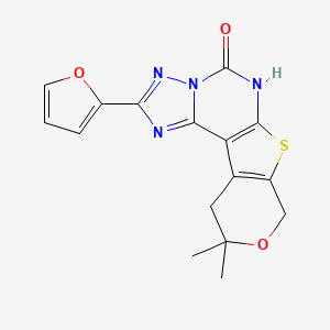 4-(furan-2-yl)-14,14-dimethyl-13-oxa-10-thia-3,5,6,8-tetrazatetracyclo[7.7.0.02,6.011,16]hexadeca-1(9),2,4,11(16)-tetraen-7-one