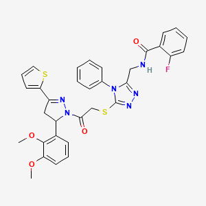 molecular formula C33H29FN6O4S2 B11462344 N-((5-((2-(5-(2,3-dimethoxyphenyl)-3-(thiophen-2-yl)-4,5-dihydro-1H-pyrazol-1-yl)-2-oxoethyl)thio)-4-phenyl-4H-1,2,4-triazol-3-yl)methyl)-2-fluorobenzamide 