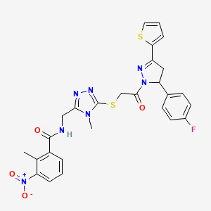 molecular formula C27H24FN7O4S2 B11462406 N-{[5-({2-[5-(4-Fluorophenyl)-3-(thiophen-2-YL)-4,5-dihydro-1H-pyrazol-1-YL]-2-oxoethyl}sulfanyl)-4-methyl-4H-1,2,4-triazol-3-YL]methyl}-2-methyl-3-nitrobenzamide 