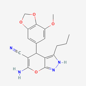 molecular formula C18H18N4O4 B11462654 6-Amino-4-(7-methoxy-1,3-benzodioxol-5-yl)-3-propyl-2,4-dihydropyrano[2,3-c]pyrazole-5-carbonitrile 