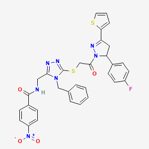 molecular formula C32H26FN7O4S2 B11462685 N-{[4-Benzyl-5-({2-[5-(4-fluorophenyl)-3-(thiophen-2-YL)-4,5-dihydro-1H-pyrazol-1-YL]-2-oxoethyl}sulfanyl)-4H-1,2,4-triazol-3-YL]methyl}-4-nitrobenzamide 