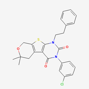 molecular formula C25H23ClN2O3S B11462725 4-(3-chlorophenyl)-12,12-dimethyl-6-(2-phenylethyl)-11-oxa-8-thia-4,6-diazatricyclo[7.4.0.02,7]trideca-1(9),2(7)-diene-3,5-dione 