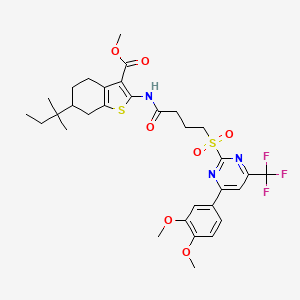 molecular formula C32H38F3N3O7S2 B11463289 Methyl 2-[(4-{[4-(3,4-dimethoxyphenyl)-6-(trifluoromethyl)pyrimidin-2-yl]sulfonyl}butanoyl)amino]-6-(2-methylbutan-2-yl)-4,5,6,7-tetrahydro-1-benzothiophene-3-carboxylate 