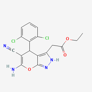 Ethyl [6-amino-5-cyano-4-(2,6-dichlorophenyl)-2,4-dihydropyrano[2,3-c]pyrazol-3-yl]acetate