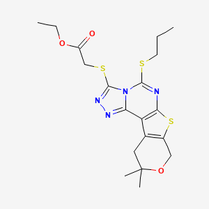 molecular formula C19H24N4O3S3 B11463822 ethyl 2-[(14,14-dimethyl-7-propylsulfanyl-13-oxa-10-thia-3,4,6,8-tetrazatetracyclo[7.7.0.02,6.011,16]hexadeca-1(9),2,4,7,11(16)-pentaen-5-yl)sulfanyl]acetate 