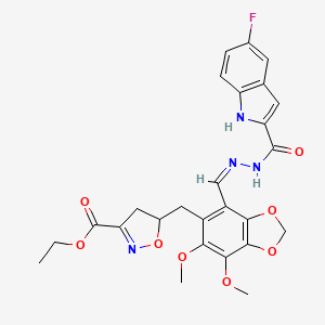 ethyl 5-({4-[(Z)-{2-[(5-fluoro-1H-indol-2-yl)carbonyl]hydrazinylidene}methyl]-6,7-dimethoxy-1,3-benzodioxol-5-yl}methyl)-4,5-dihydro-1,2-oxazole-3-carboxylate