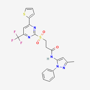 molecular formula C22H18F3N5O3S2 B11464301 N-(3-methyl-1-phenyl-1H-pyrazol-5-yl)-3-{[4-(thiophen-2-yl)-6-(trifluoromethyl)pyrimidin-2-yl]sulfonyl}propanamide 