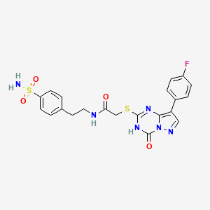 molecular formula C21H19FN6O4S2 B11464454 2-{[8-(4-fluorophenyl)-4-oxo-3,4-dihydropyrazolo[1,5-a][1,3,5]triazin-2-yl]sulfanyl}-N-[2-(4-sulfamoylphenyl)ethyl]acetamide 