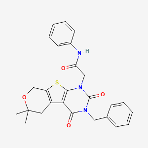 molecular formula C26H25N3O4S B11464621 2-(4-benzyl-12,12-dimethyl-3,5-dioxo-11-oxa-8-thia-4,6-diazatricyclo[7.4.0.02,7]trideca-1(9),2(7)-dien-6-yl)-N-phenylacetamide 