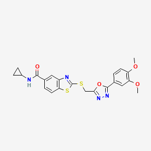 molecular formula C22H20N4O4S2 B11464965 N-cyclopropyl-2-({[5-(3,4-dimethoxyphenyl)-1,3,4-oxadiazol-2-yl]methyl}sulfanyl)-1,3-benzothiazole-5-carboxamide 