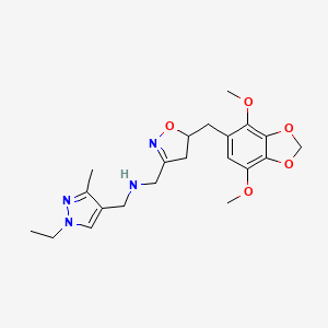 molecular formula C21H28N4O5 B11465118 1-{5-[(4,7-dimethoxy-1,3-benzodioxol-5-yl)methyl]-4,5-dihydro-1,2-oxazol-3-yl}-N-[(1-ethyl-3-methyl-1H-pyrazol-4-yl)methyl]methanamine 