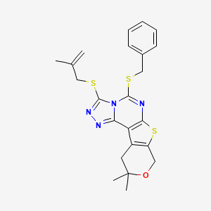 molecular formula C23H24N4OS3 B11465121 7-benzylsulfanyl-14,14-dimethyl-5-(2-methylprop-2-enylsulfanyl)-13-oxa-10-thia-3,4,6,8-tetrazatetracyclo[7.7.0.02,6.011,16]hexadeca-1(9),2,4,7,11(16)-pentaene 