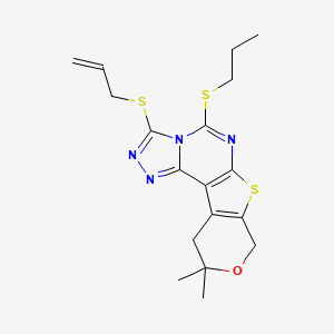 molecular formula C18H22N4OS3 B11465221 14,14-dimethyl-5-prop-2-enylsulfanyl-7-propylsulfanyl-13-oxa-10-thia-3,4,6,8-tetrazatetracyclo[7.7.0.02,6.011,16]hexadeca-1(9),2,4,7,11(16)-pentaene 