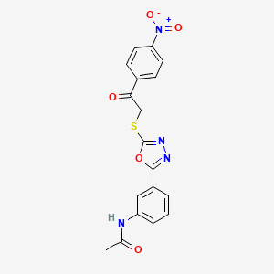 molecular formula C18H14N4O5S B11465256 N-[3-(5-{[2-(4-nitrophenyl)-2-oxoethyl]sulfanyl}-1,3,4-oxadiazol-2-yl)phenyl]acetamide 