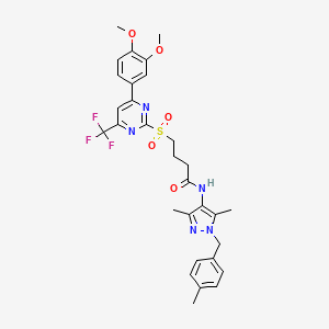 molecular formula C30H32F3N5O5S B11465297 4-{[4-(3,4-dimethoxyphenyl)-6-(trifluoromethyl)pyrimidin-2-yl]sulfonyl}-N-[3,5-dimethyl-1-(4-methylbenzyl)-1H-pyrazol-4-yl]butanamide 