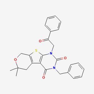 molecular formula C26H24N2O4S B11465368 4-benzyl-12,12-dimethyl-6-phenacyl-11-oxa-8-thia-4,6-diazatricyclo[7.4.0.02,7]trideca-1(9),2(7)-diene-3,5-dione 