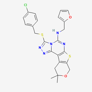 5-[(4-chlorophenyl)methylsulfanyl]-N-(furan-2-ylmethyl)-14,14-dimethyl-13-oxa-10-thia-3,4,6,8-tetrazatetracyclo[7.7.0.02,6.011,16]hexadeca-1(9),2,4,7,11(16)-pentaen-7-amine