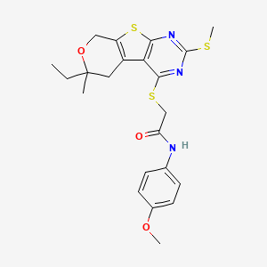 molecular formula C22H25N3O3S3 B11465884 2-[(12-ethyl-12-methyl-5-methylsulfanyl-11-oxa-8-thia-4,6-diazatricyclo[7.4.0.02,7]trideca-1(9),2(7),3,5-tetraen-3-yl)sulfanyl]-N-(4-methoxyphenyl)acetamide 