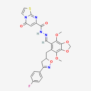 molecular formula C27H22FN5O7S B11466277 N'-[(E)-(6-{[3-(4-fluorophenyl)-4,5-dihydro-1,2-oxazol-5-yl]methyl}-4,7-dimethoxy-1,3-benzodioxol-5-yl)methylidene]-5-oxo-5H-[1,3]thiazolo[3,2-a]pyrimidine-7-carbohydrazide 