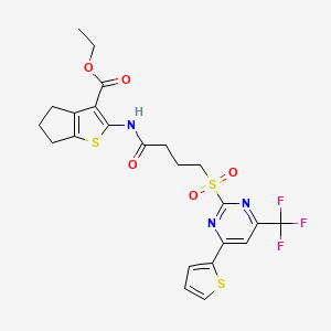 molecular formula C23H22F3N3O5S3 B11466328 ethyl 2-[(4-{[4-(thiophen-2-yl)-6-(trifluoromethyl)pyrimidin-2-yl]sulfonyl}butanoyl)amino]-5,6-dihydro-4H-cyclopenta[b]thiophene-3-carboxylate 