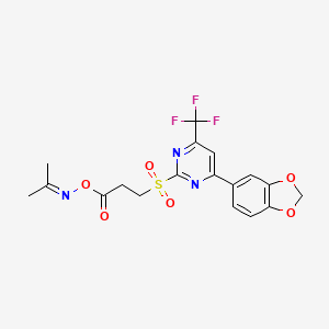 molecular formula C18H16F3N3O6S B11466412 3-{[4-(1,3-Benzodioxol-5-yl)-6-(trifluoromethyl)pyrimidin-2-yl]sulfonyl}-1-[(propan-2-ylideneamino)oxy]propan-1-one 