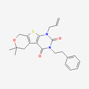 molecular formula C22H24N2O3S B11466473 12,12-dimethyl-4-(2-phenylethyl)-6-prop-2-enyl-11-oxa-8-thia-4,6-diazatricyclo[7.4.0.02,7]trideca-1(9),2(7)-diene-3,5-dione 