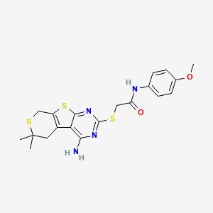 molecular formula C20H22N4O2S3 B11467006 2-[(3-amino-12,12-dimethyl-8,11-dithia-4,6-diazatricyclo[7.4.0.02,7]trideca-1(9),2,4,6-tetraen-5-yl)sulfanyl]-N-(4-methoxyphenyl)acetamide 