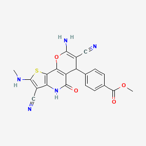 molecular formula C21H15N5O4S B11467178 methyl 4-[8-amino-3,7-dicyano-2-(methylamino)-5-oxo-4,6-dihydro-5H-pyrano[2,3-d]thieno[3,2-b]pyridin-6-yl]benzoate 