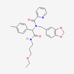 molecular formula C28H31N3O5 B11467395 N-(1,3-benzodioxol-5-ylmethyl)-N-{2-[(3-ethoxypropyl)amino]-1-(4-methylphenyl)-2-oxoethyl}pyridine-2-carboxamide 