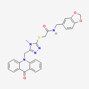 molecular formula C27H23N5O4S B11467412 N-(1,3-benzodioxol-5-ylmethyl)-2-({4-methyl-5-[(9-oxoacridin-10(9H)-yl)methyl]-4H-1,2,4-triazol-3-yl}sulfanyl)acetamide 