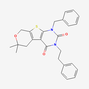 6-benzyl-12,12-dimethyl-4-(2-phenylethyl)-11-oxa-8-thia-4,6-diazatricyclo[7.4.0.02,7]trideca-1(9),2(7)-diene-3,5-dione