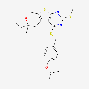 molecular formula C23H28N2O2S3 B11467530 12-ethyl-12-methyl-5-methylsulfanyl-3-[(4-propan-2-yloxyphenyl)methylsulfanyl]-11-oxa-8-thia-4,6-diazatricyclo[7.4.0.02,7]trideca-1(9),2(7),3,5-tetraene 