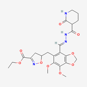 molecular formula C23H28N4O9 B11467656 ethyl 5-({6,7-dimethoxy-4-[(E)-{2-[(2-oxopiperidin-3-yl)carbonyl]hydrazinylidene}methyl]-1,3-benzodioxol-5-yl}methyl)-4,5-dihydro-1,2-oxazole-3-carboxylate 