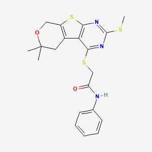 molecular formula C20H21N3O2S3 B11467800 2-[(12,12-dimethyl-5-methylsulfanyl-11-oxa-8-thia-4,6-diazatricyclo[7.4.0.02,7]trideca-1(9),2(7),3,5-tetraen-3-yl)sulfanyl]-N-phenylacetamide 