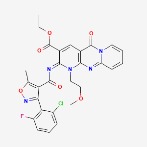 molecular formula C28H23ClFN5O6 B11467860 ethyl 6-[3-(2-chloro-6-fluorophenyl)-5-methyl-1,2-oxazole-4-carbonyl]imino-7-(2-methoxyethyl)-2-oxo-1,7,9-triazatricyclo[8.4.0.03,8]tetradeca-3(8),4,9,11,13-pentaene-5-carboxylate 