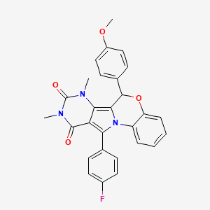 molecular formula C28H22FN3O4 B11467902 17-(4-fluorophenyl)-9-(4-methoxyphenyl)-12,14-dimethyl-8-oxa-1,12,14-triazatetracyclo[8.7.0.02,7.011,16]heptadeca-2,4,6,10,16-pentaene-13,15-dione 